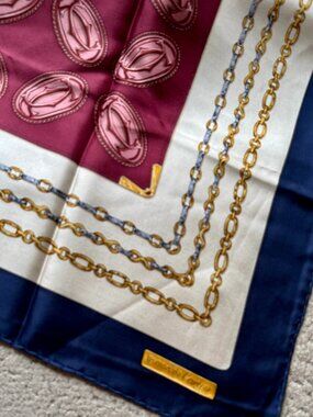 Vintage Les Must de Cartier Paris 100% Silk Scarf Double C Chain Burgundy Navy